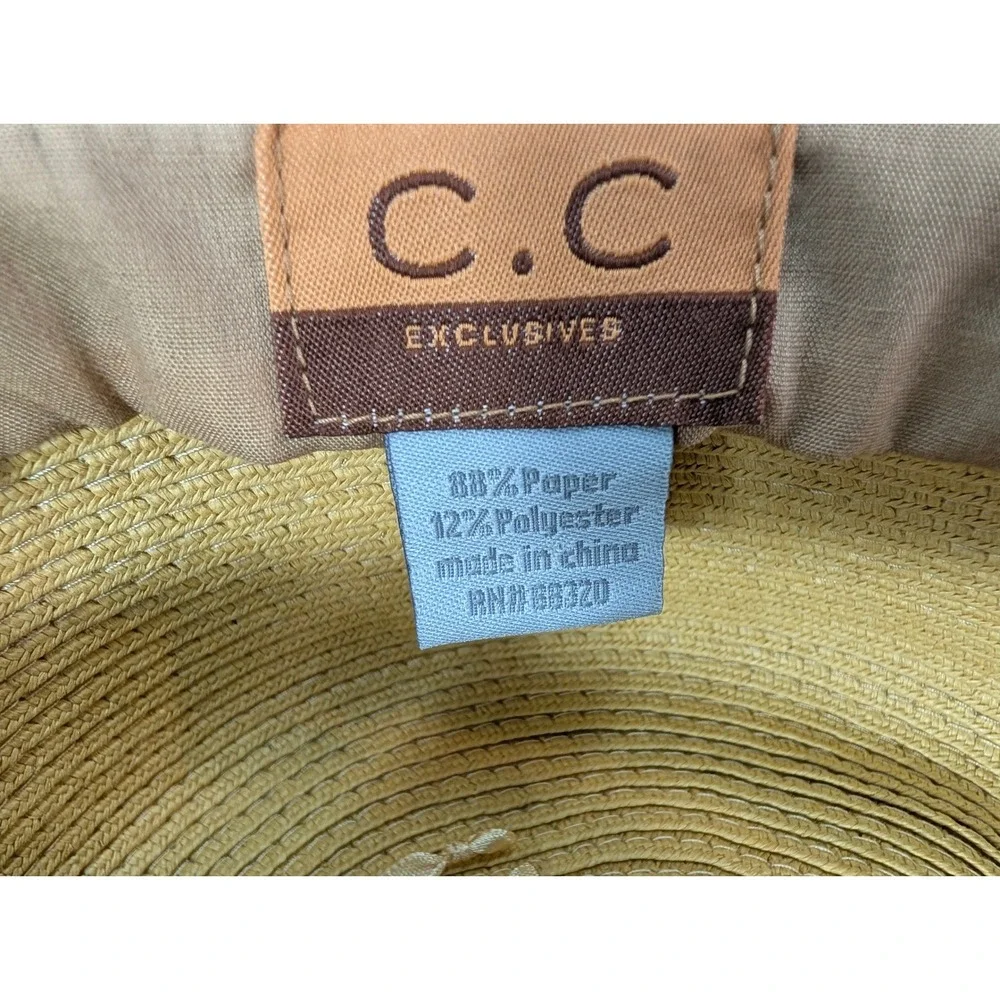 C.C Exclusives Women Tan Straw Sun Hat‎ Wide Brim Black Ribbon Trim Vacay Size L - Picture 2 of 4
